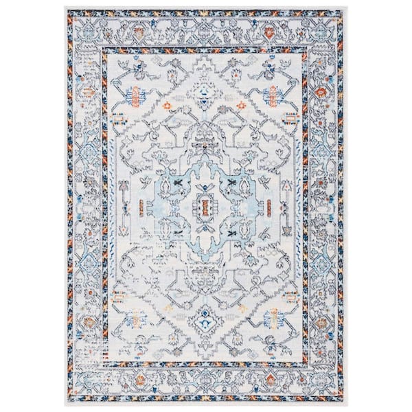 Tulum 9 ft. x 12 ft. Ivory Gray/Blue Rust Ornate Border Abstract Area Rug