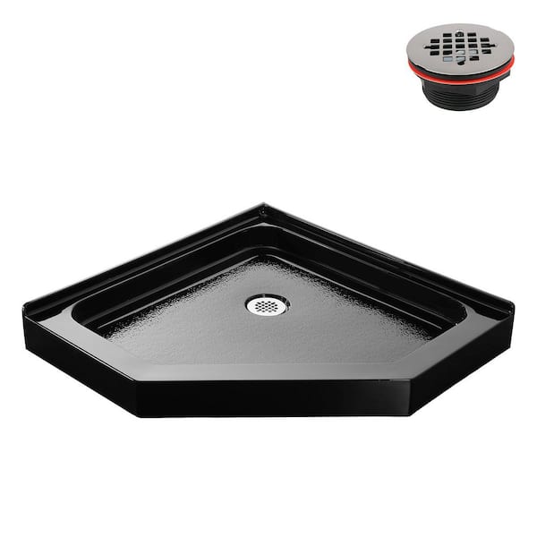 36 in. L x 36 in. W Corner Acrylic Shower Pan Base in Glossy Black with Corner Drain, Drain Included