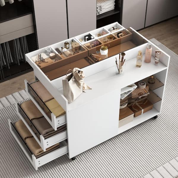 Harper & Bright Designs White Movable Cabinet Dresser Makeup Vanity Table with Tea-Colored Glass Tabletop, Glass Shelf, Jewelry Storage Tray