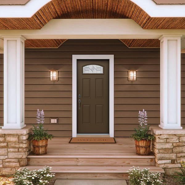 36 in. x 80 in. Right-Hand Camber Top Caldwell Decorative Glass Dark Chocolate Steel Prehung Front Door