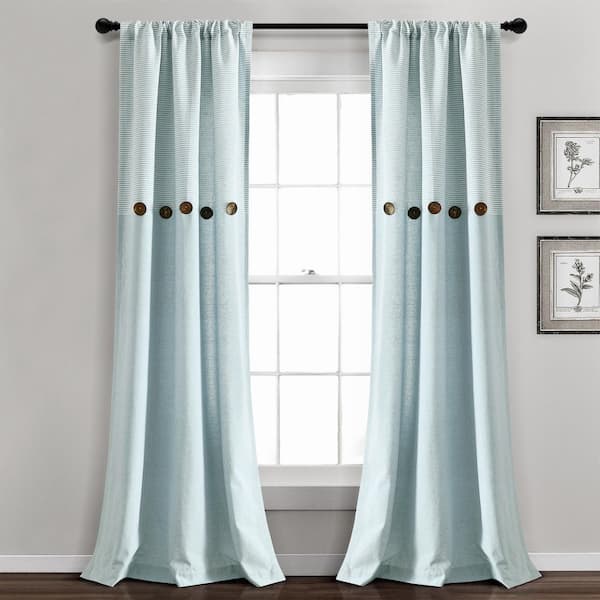 HOMEBOUTIQUE Farmhouse Button Blue Cotton 40 in. W x 84 in. L Stripe Yarn Dyed Light Filtering Curtain (Double Panel)