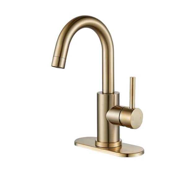 Single Hole Single-Handle Swivel Spout Bathroom Faucet Vanity Sink Faucet With Deck Plate Drain Kit in Brushed Gold