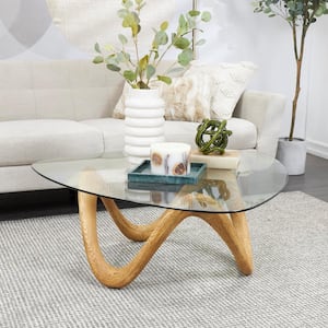 42 in. Beige Medium Triangle Cement Wood Grain Inspired Abstract Coffee Table with Wavy Base and Triangular Glass Top