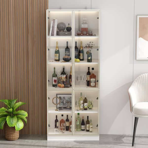 FUFU&GAGA White Wood 31.5 in. W Display Cabinet With Pop-up Tempered Glass Doors and 3-Color LED Lights