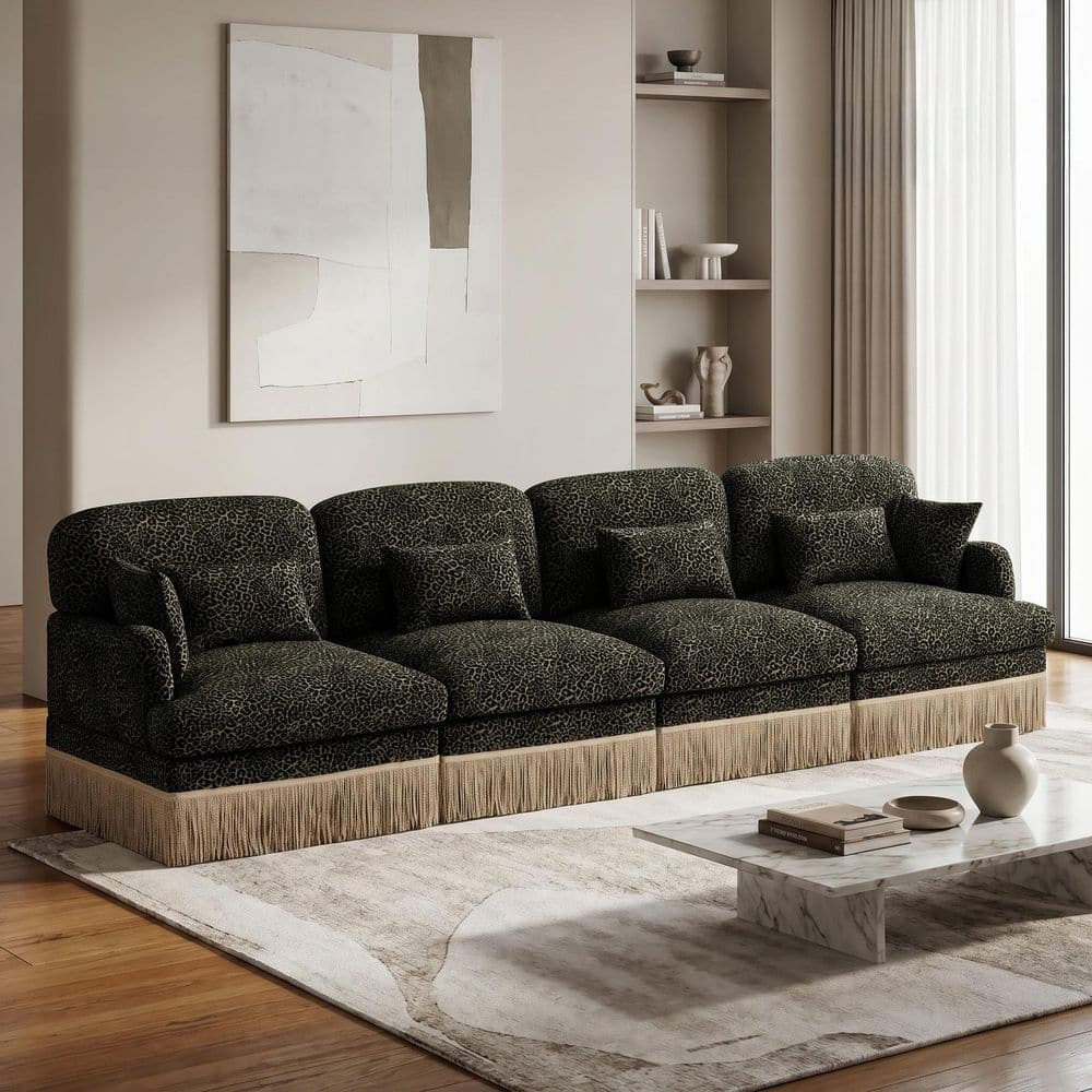 Tucson 131.5 in. Chenille Leopard Print 4-Seater Modular Sectional Sofa with Tassel Trim in Forest Green Leopard price history on PriceWatchPro