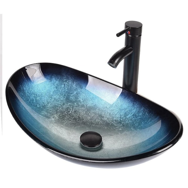 Boat Shape Blue Glass Vessel Sink with Faucet in Black included Pop-up Drain