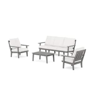 Oxford 4-Pcs Plastic Patio Conversation Set with Sofa in Slate Grey/Natural Linen Cushions