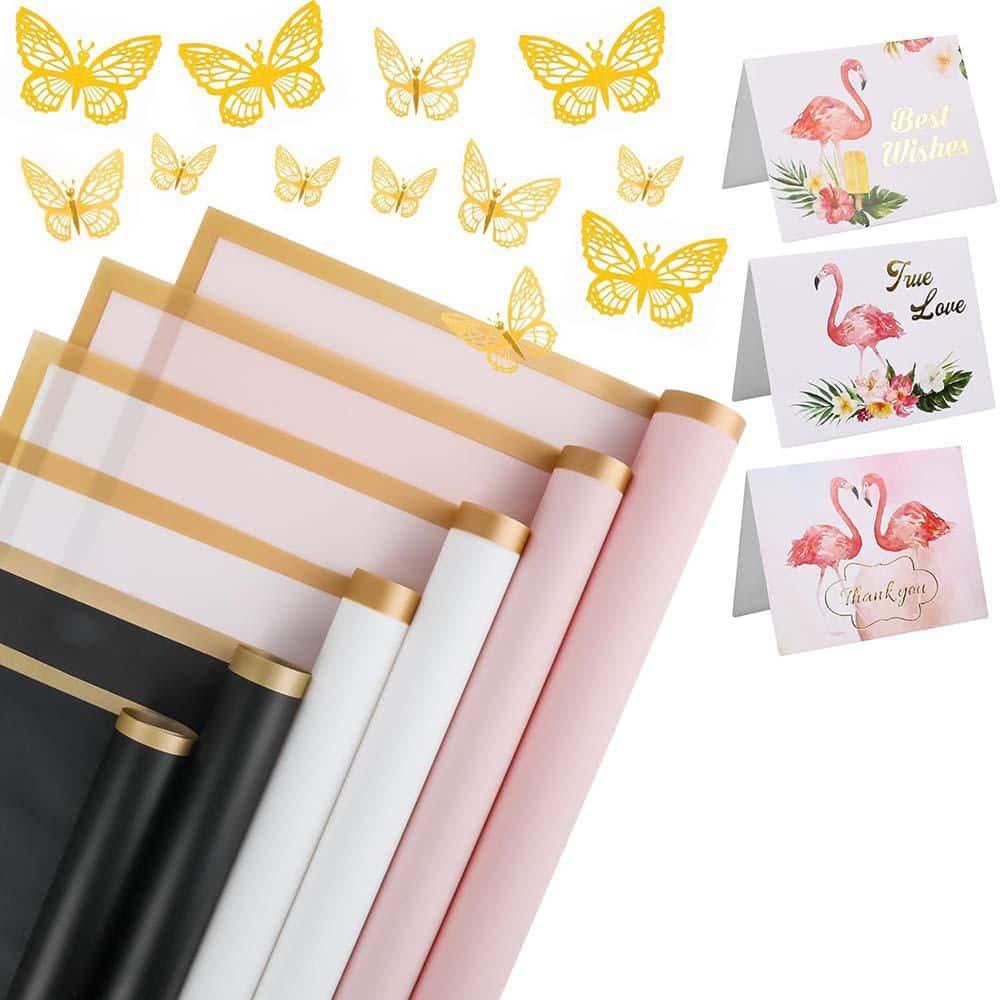 Waterproof Floral Wrapping Paper Set with 3D Gold Butterfly Decor Black White Pink 24 Sheets Florist Supplies price history on PriceWatchPro