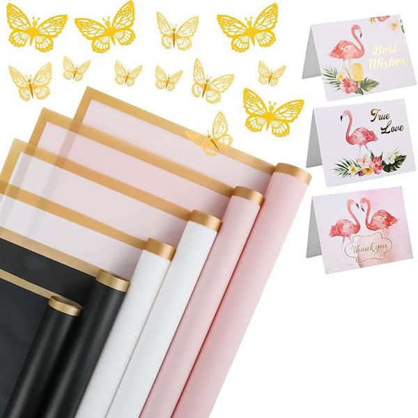 N/A Waterproof Floral Wrapping Paper Set with 3D Gold Butterfly Decor Black White Pink 24 Sheets Florist Supplies