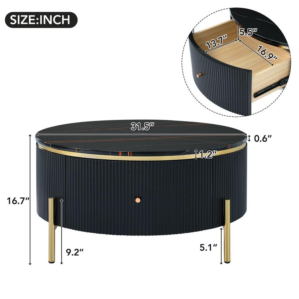 Dimension diagram of the round black marble coffee table.