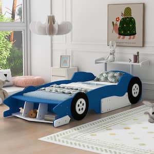 Blue Twin Size Race Car-Shaped Kids Bed Platform Bed with Wheels and Shelf