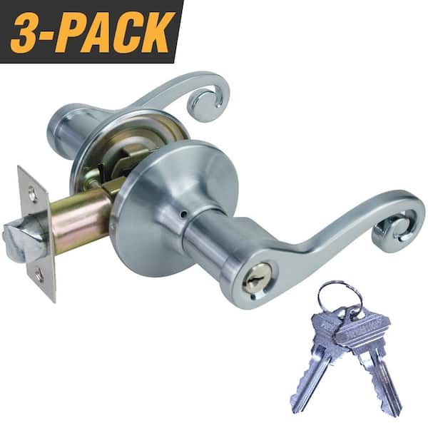 Premier Lock Satin Nickel Light Commercial Duty Door Handle Lock Set with Decorative Handle and 6 Keys Total, (3-Pack, Keyed Alike)