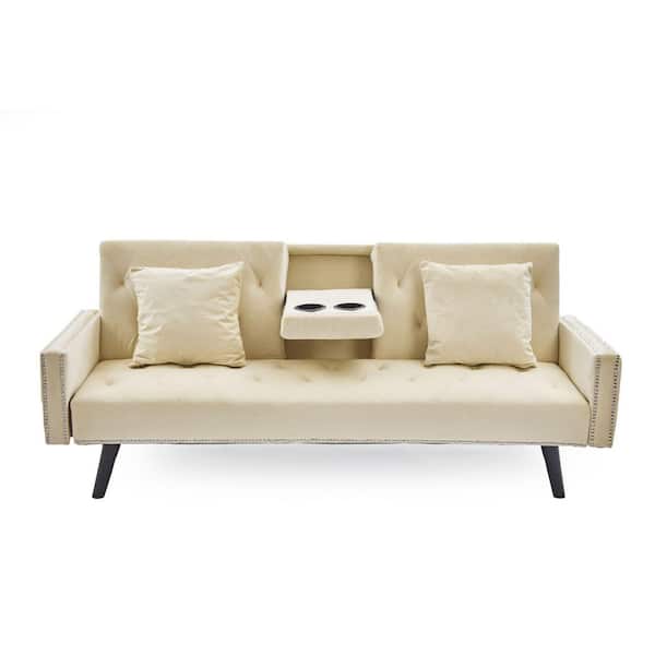 Angel Sar 72.4 in. Width Beige Velvet Twin Size Sleeper Sofa Bed with Two Cup Holders, Nail Head Trim, One Pillow