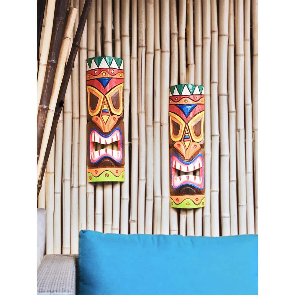 Hand-Carved Colorful Wooden Tiki Mask Statue, 20" Tall