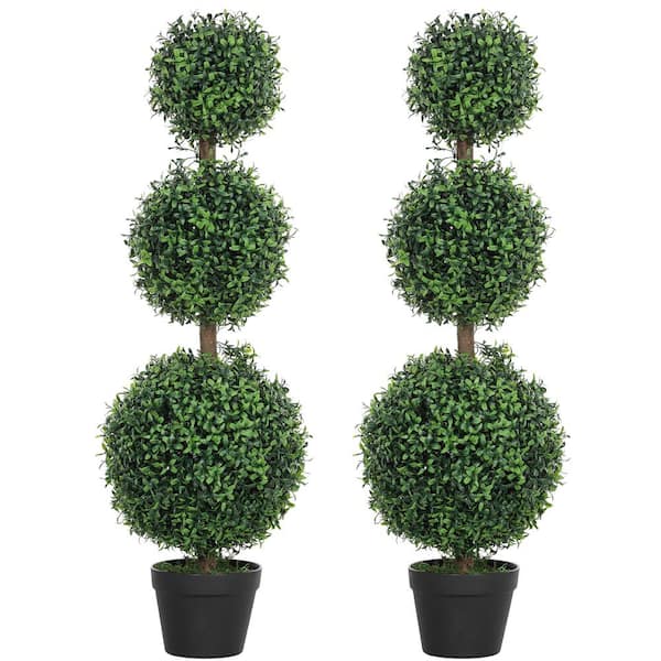 39.4 in. Set of 2 Decorative Artificial Plants, Topiary Ball-shaped Boxwood Trees in Pot, Fake Plants