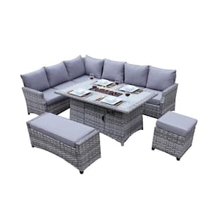 Maxwell Gray 5-Pieces Wicker Patio Fire Pit Conversation Set Outdoor Sofa with Gray Cushions Without Glass