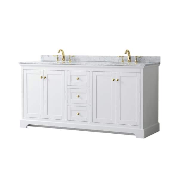 Wyndham Collection Avery 72 in. W x 22 in. D x 35 in. H Double Sink Bath Vanity in White with White Carrara Marble Top