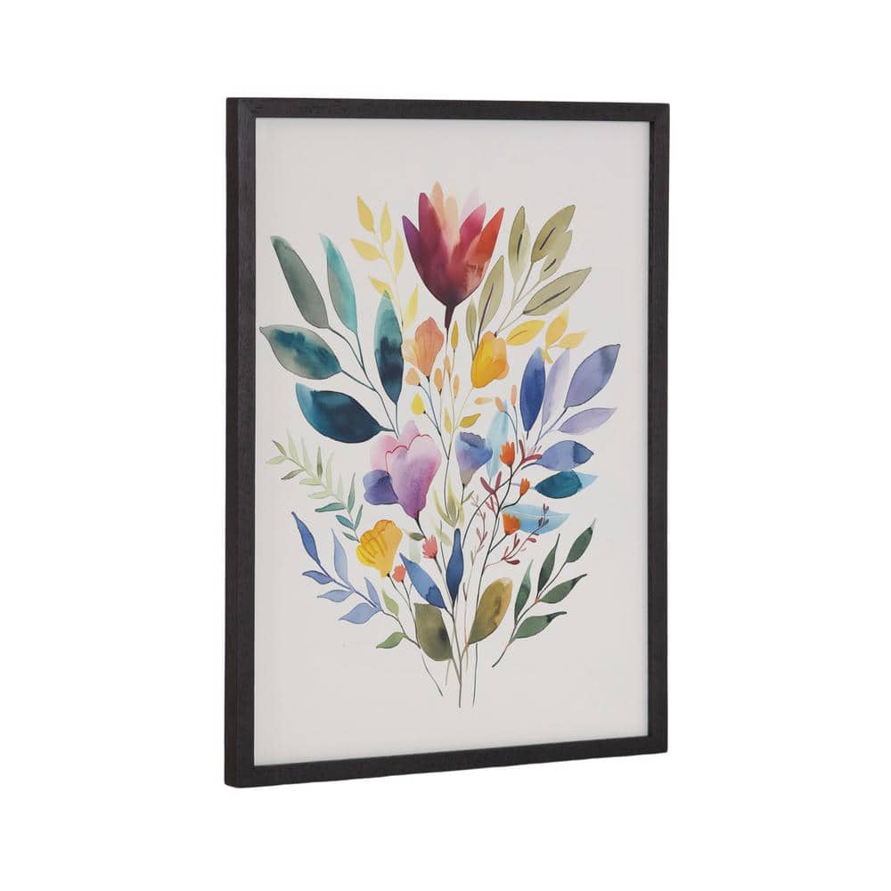 Jewel Tone Botanical Watercolor Bouquet Print in Black Frame