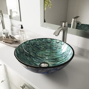 Glass Round Vessel Bathroom Sink in Oceania Blue with Linus Faucet and Pop-Up Drain in Brushed Nickel