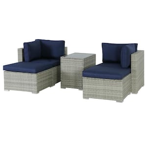 5-Piece Light Gray Rattan Wicker Patio Conversation Set with Blue Cushions