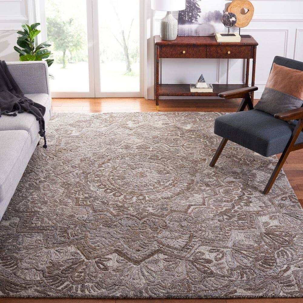 Ivory and Grey Floral Hand-Tufted Wool Square Rug