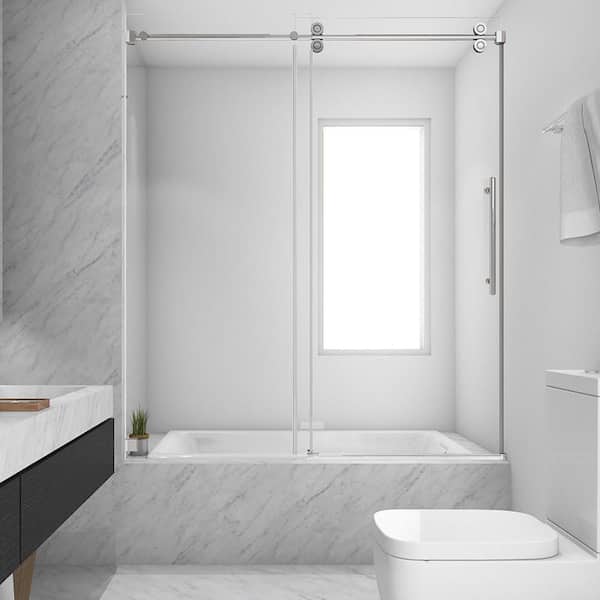 60 in. W x 66 in. H Single Sliding Frameless Tub Door in Chrome with Clear 3/8 in. Glass