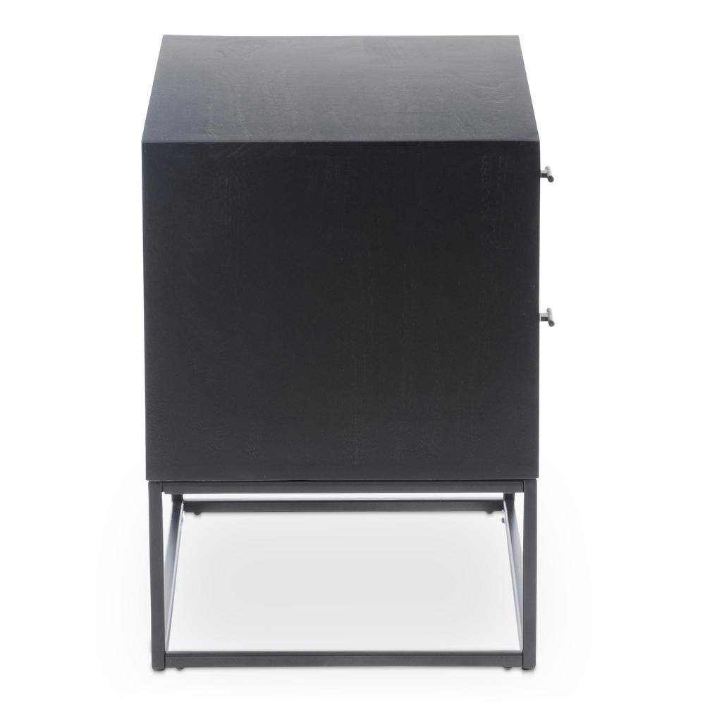 Side view of a black 2-drawer nightstand.