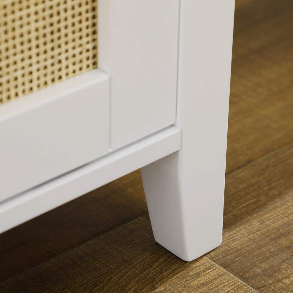 White Pine Wood Shoe Storage Bench with Rattan Sliding Doors