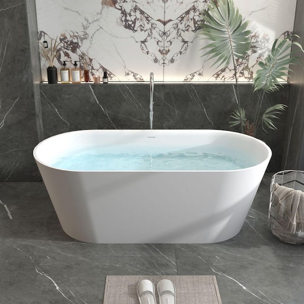 Foyil 71 in. x 32 in. Solid Surface Stone Resin Flatbottom Freestanding Soaking Bathtub in Matte White