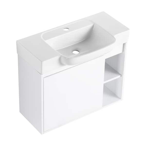 28 in. Wall-Mounted Bathroom Vanity with White Ceramic Sink & Soft-Close Door, White Floating Bathroom Cabinet