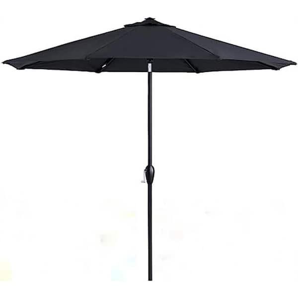Dyiom 9 ft. Market Tilt Patio Umbrella Outdoor Table with Push Button and Crank in Space Grey, Beach Word Umbrella