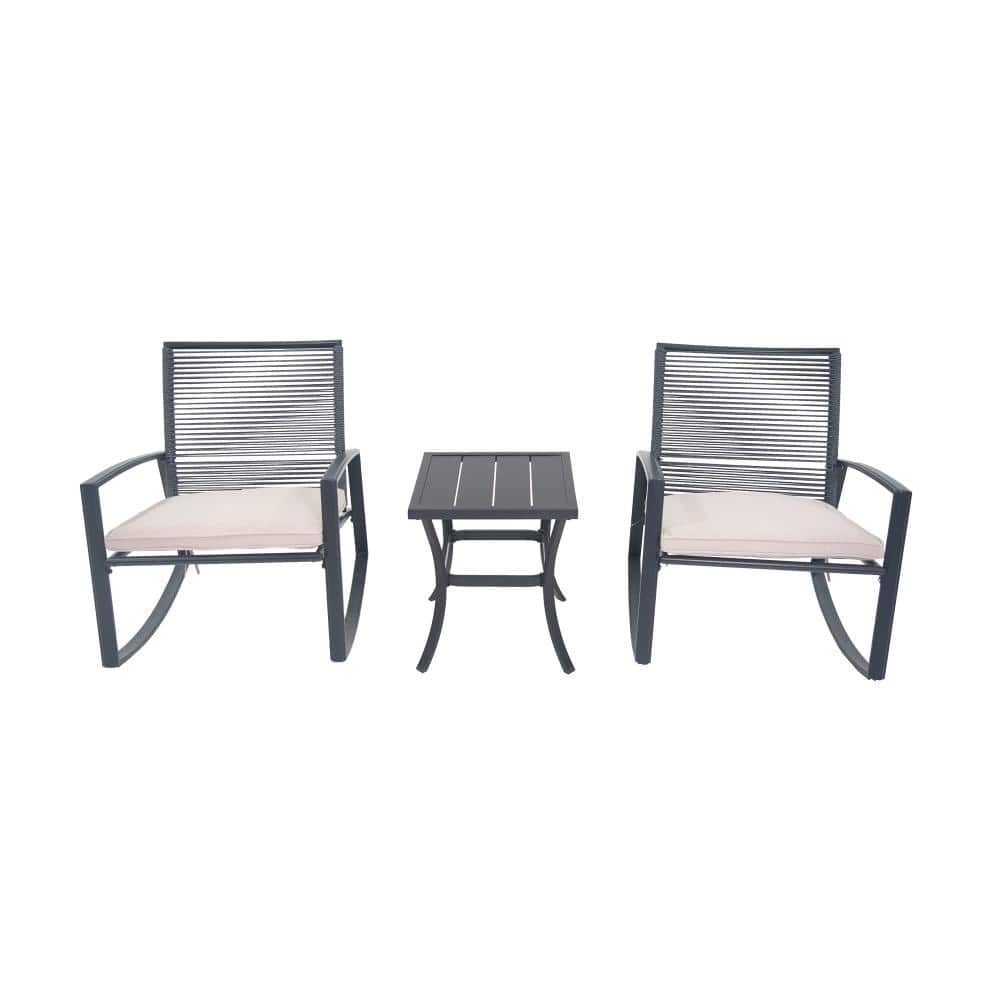 3-Piece Outdoor Metal Rocking Bistro Set with 2 Rocking Chairs, Square Table and Beige Cushions for Patio price history on PriceWatchPro