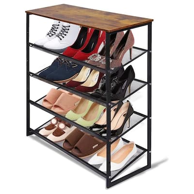 36 in. H 16-Pair Black Metal 5-Tiers Shoe Rack