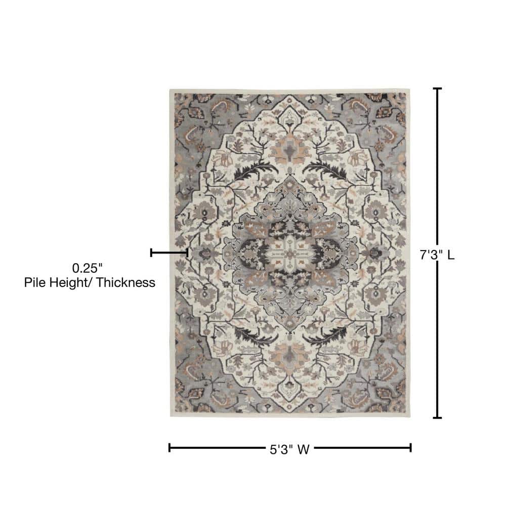 Ivory Grey Floral Medallion 5'3" x 7'3" Synthetic Area Rug