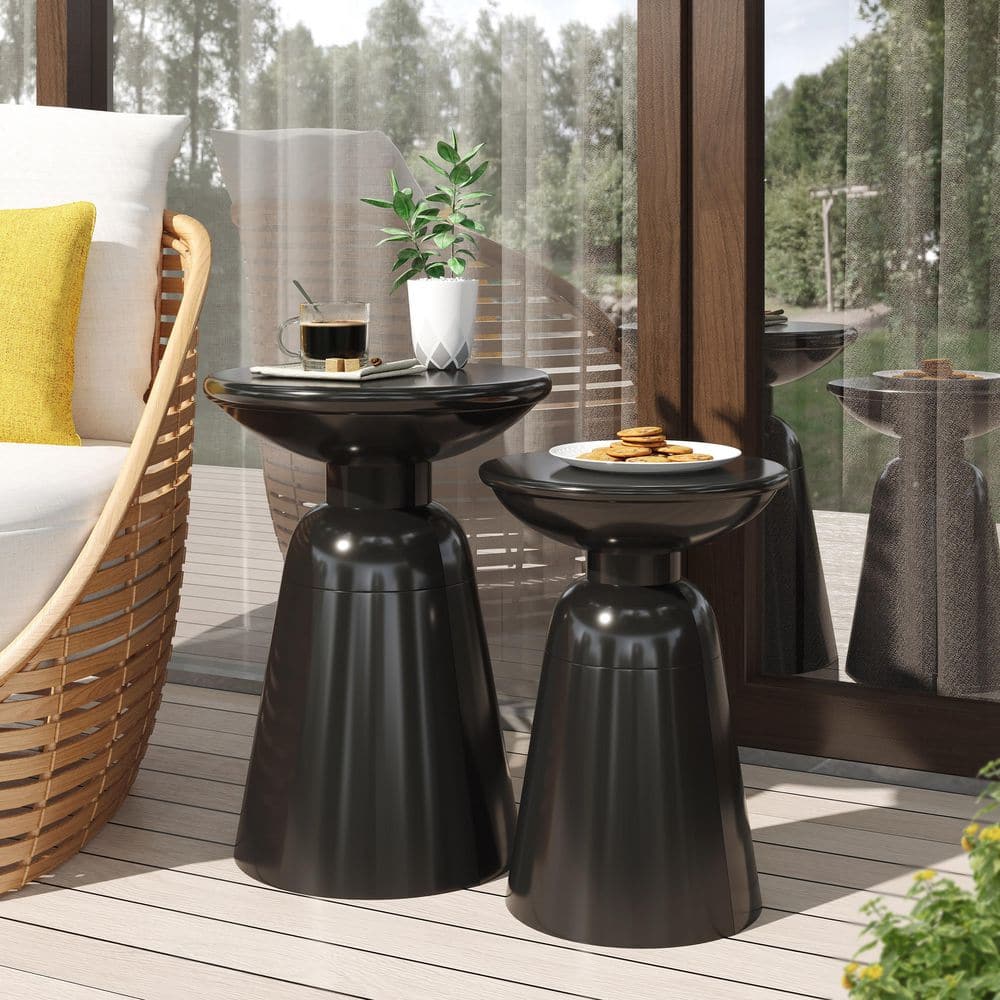 Outdoor Iron Side Table with Flared Design, Black (Set of 2