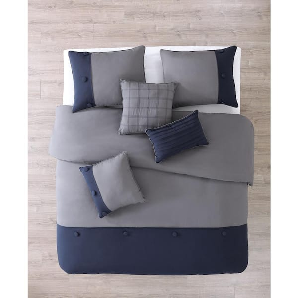 Unbranded Tillman Grey/Navy King Enzyme Wash Polyester Comforter Set (6-Piece)