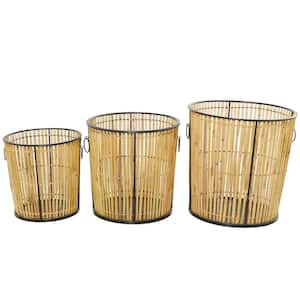 Rattan Wood Handmade Slatted Frame Storage Basket with Ring Handles (Set of 3)