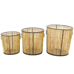 Rattan Handmade Slatted Frame Storage Basket with Ring Handles (Set of 3)
