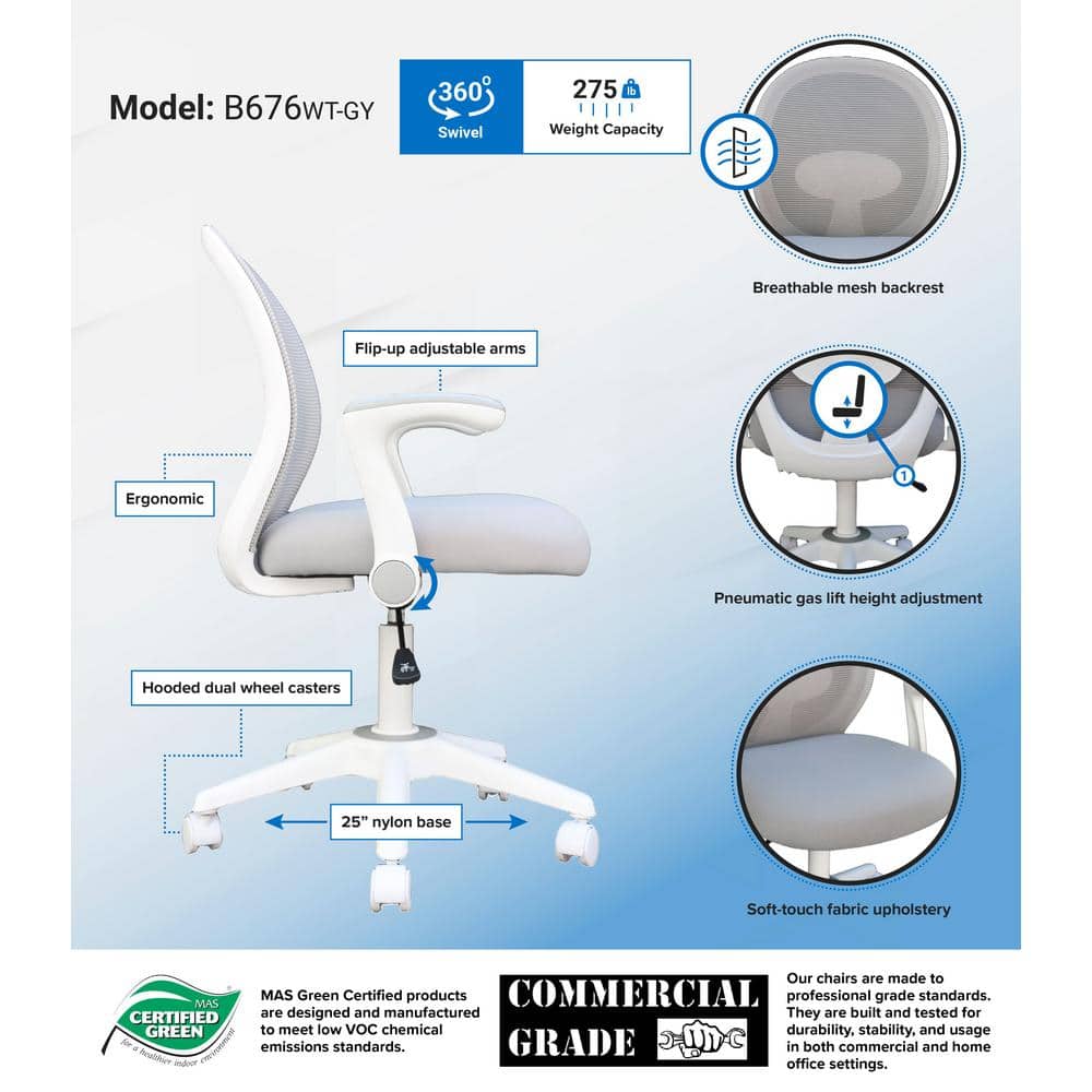 Grey Mesh and Fabric Task Chair with Adjustable Arms