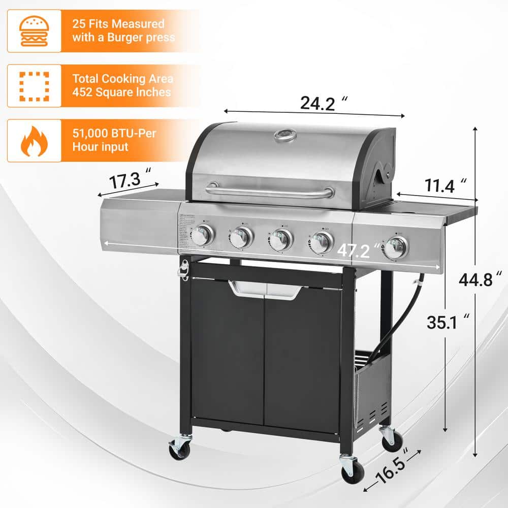 4-Burner Stainless Steel Propane Grill with Side Burner and Cover
