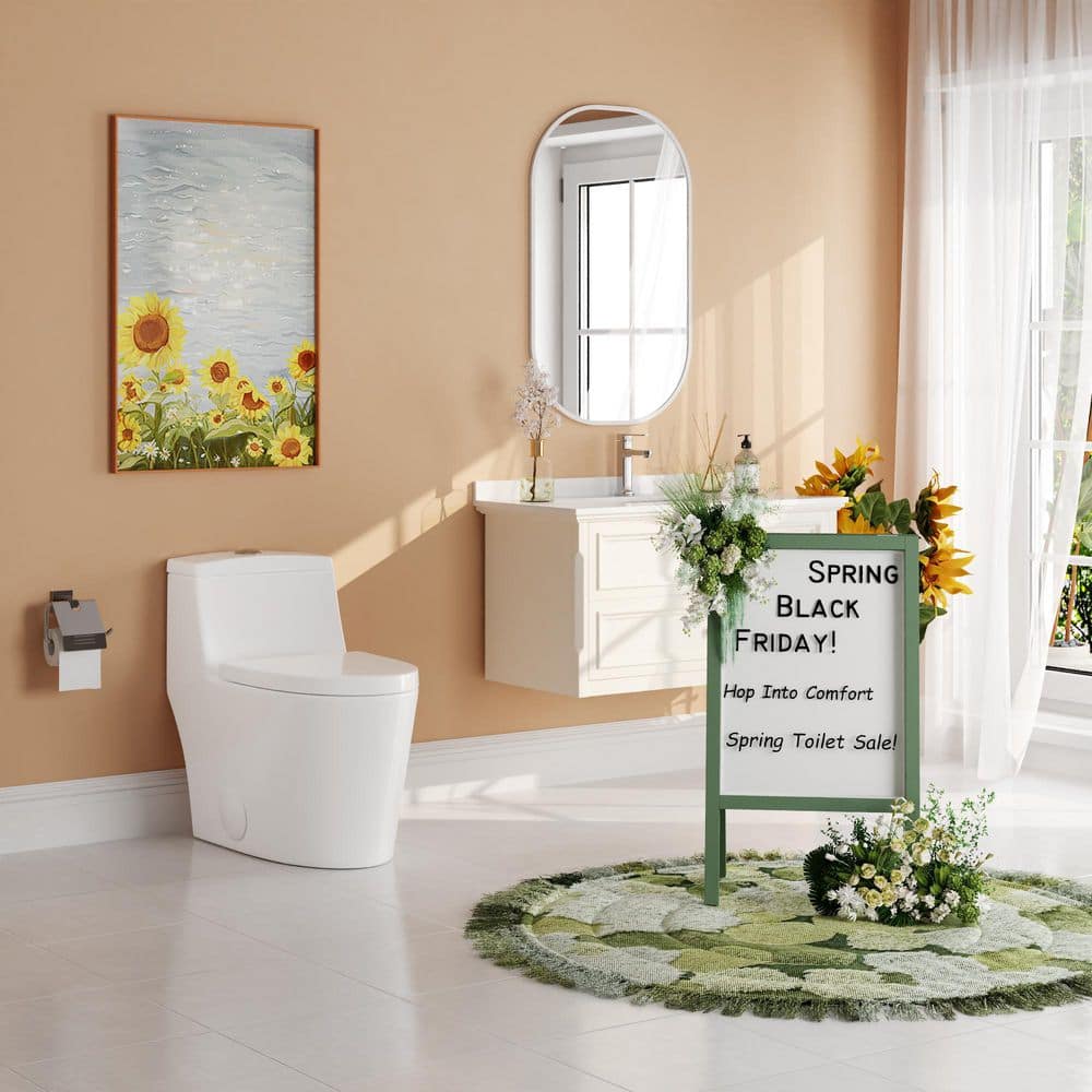 White Elongated Dual-Flush One-Piece Toilet with Silver Button