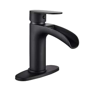Waterfall Single Hole Single Handle Low-Arc Bathroom Faucet with Deckplate Pop Up Drain Assembly in Matte Black