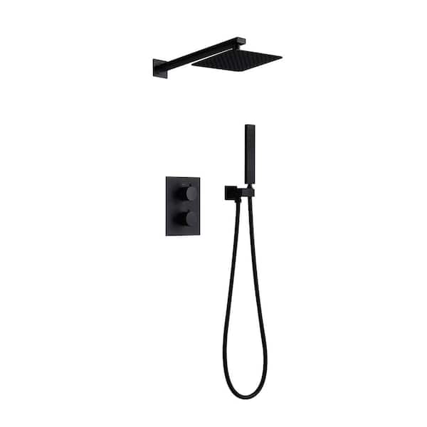 FLG Thermostatic Double Handle 1-Spray Shower Faucet 1.8 GPM with Anti Scald Brass Wall Mount Shower System in Matte Black