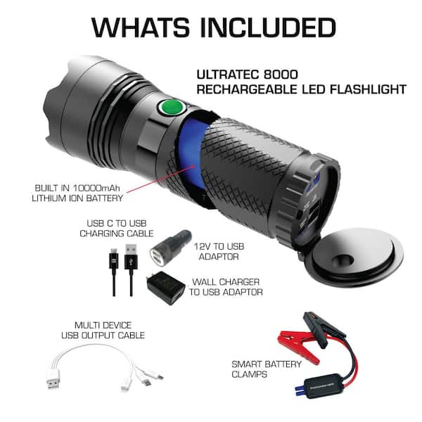 Smartech 8000 Lumen Rechargeable Flashlight with 10000 mAh Jump Starter and Power Bank