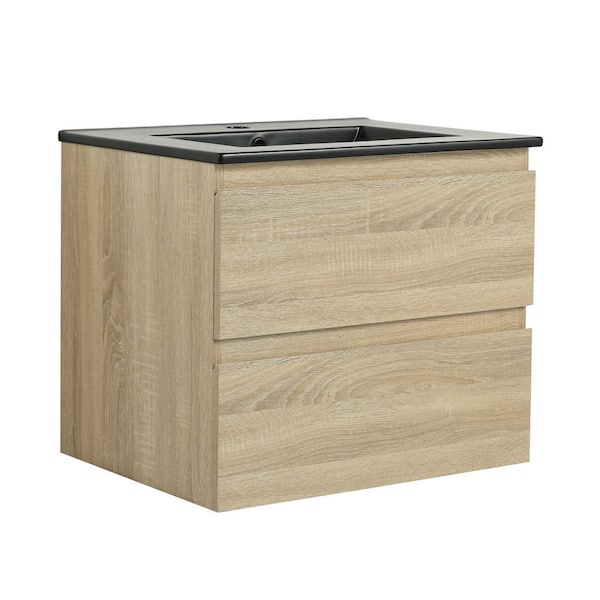 Modland Yunus 24 in. W x 18 in. D x 20 in. H Single Sink Floating Bath Vanity in Light Oak with Black Ceramic Top