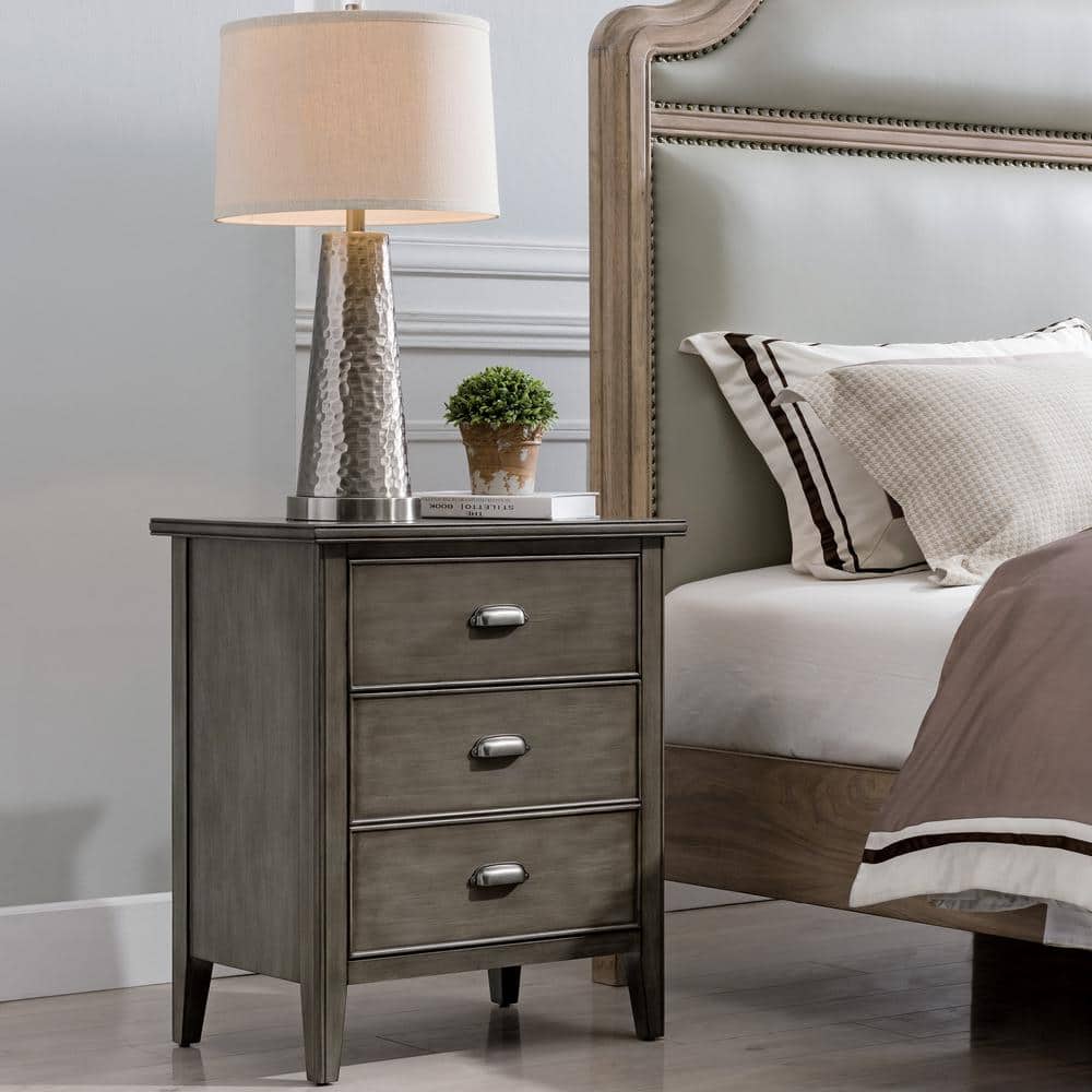 Laurent Smoke Gray Solid Wood Nightstand with USB-C Charging Station