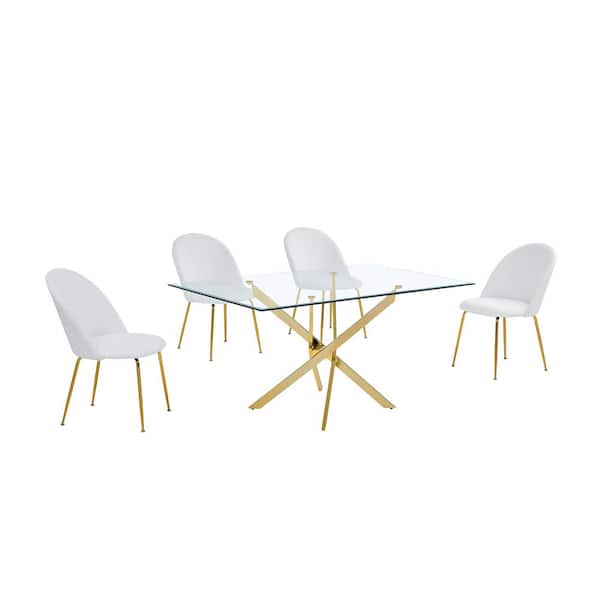 Best Quality Furniture Olly 5-Piece Tempered Glass Top Gold Cross Legs Base Dining Set White Leather Chairs Set Seats 4