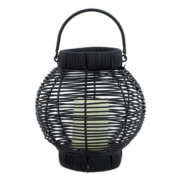 Black 8.7 in. x 9.8  in. Outdoor Rattan Lantern with White LED Candle and Timer Function