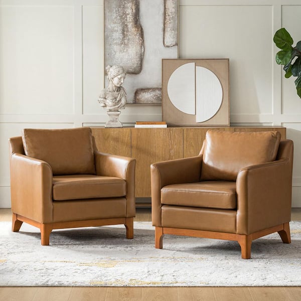 Luca Camel Mid-Century Modern Genuine Leather Armchair (Set of 2)