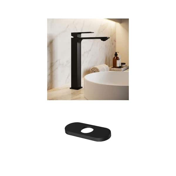 Dunn Single Handle Vessel Faucet and 5.5 in. Deck Plate in Matte Black for 1 or 3 Hole Sink (2-Piece Set)